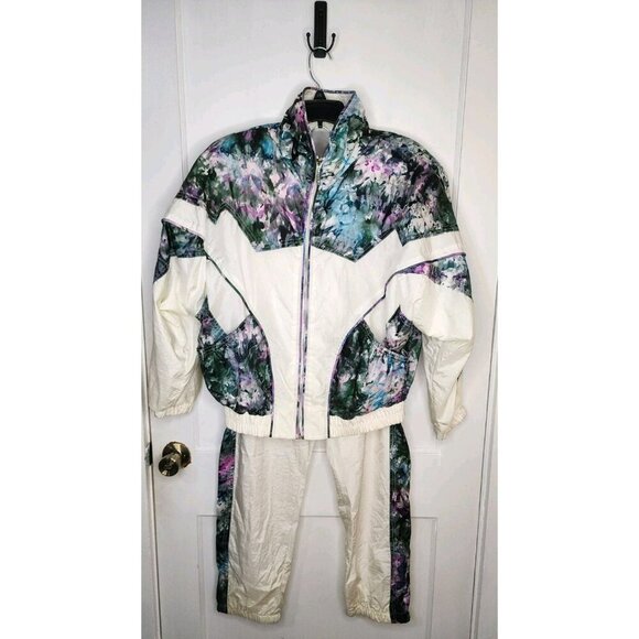 Vintage 1980s East West Lined Nylon Grandma Track Suit Jacket Pants Sz M Tie Dye - Picture 1 of 9
